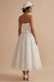 White Strapless Long Floral Lace A Line Boho Wedding Dress