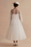 White  A Line Ilusion Bateau Neck Long Boho Wedding Dress