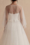 White  A Line Ilusion Bateau Neck Long Boho Wedding Dress