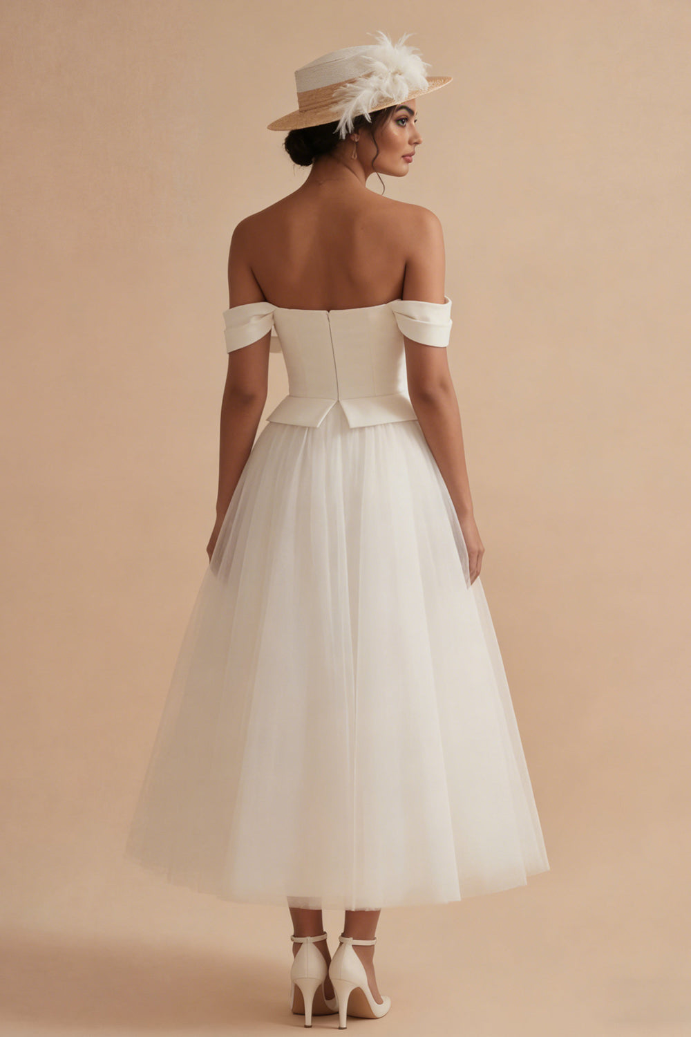 Zapaka Women White Long Boho Wedding Dress A Line Off the Shoulder Wedding Reception Dress, White / US2