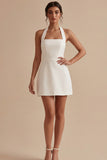 White Halter Short A Line Backless Graduation Dress