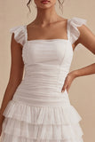 White Square Neck Short Ruched A Line Graduation Dress with Ruffles