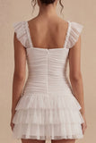 White Square Neck Short Ruched A Line Graduation Dress with Ruffles