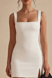 White Tight Short Square Neck Graduation Dress
