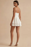 White Short A Line Spaghetti Straps Graduation Dress with Ruffles