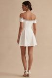 White Off the Shoulder Short A Line Graduation Dress with Bow