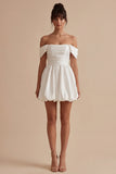 White Ruched Off the Shoulder Short A Line Graduation Dress