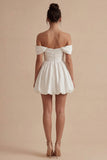 White Ruched Off the Shoulder Short A Line Graduation Dress