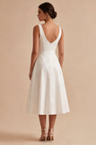 White A Line V Neck Midi Engagement Dress