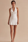 Simple Halter A Line Backless Little White Dress