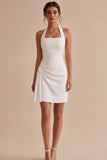 Halter Bodycon Ruched Open Back Little White Dress