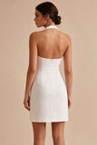Halter Bodycon Ruched Open Back Little White Dress