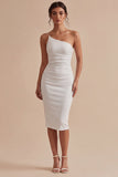 One Shoulder White Bodycon Ruched Midi Dress