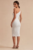 One Shoulder White Bodycon Ruched Midi Dress