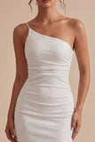 One Shoulder White Bodycon Ruched Midi Dress