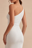 One Shoulder White Bodycon Ruched Midi Dress