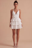 White A Line Halter Tiered Ruffle Mini Dress with Bow