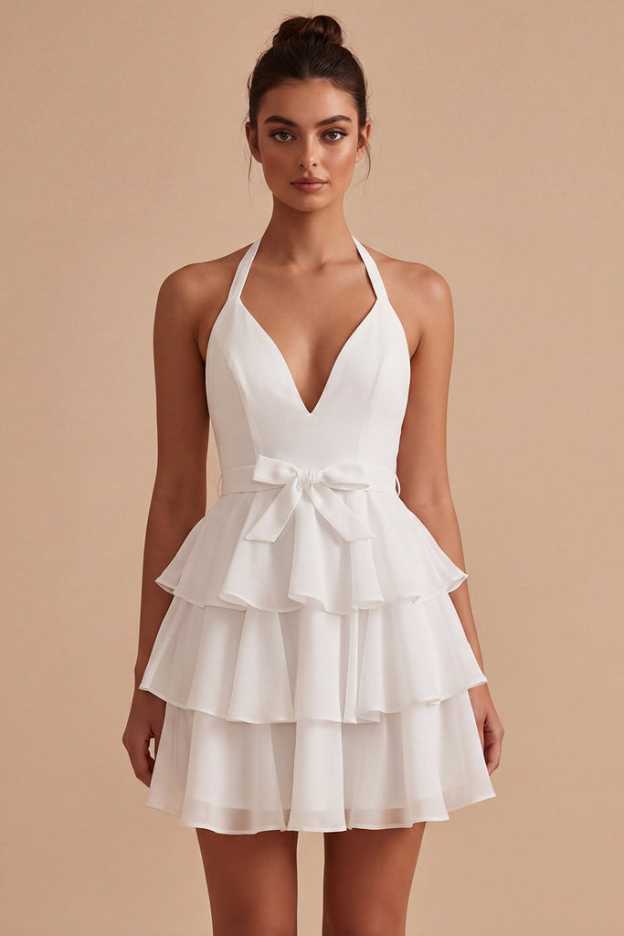 Zapaka Women Halter Mini Dress A Line Tiered Ruffle Little White Dress ...