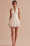 A Line Halter White Tiered Ruffle Corset Mini Dress
