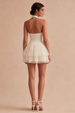 A Line Halter White Tiered Ruffle Corset Mini Dress