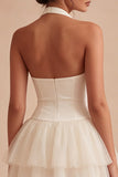 A Line Halter White Tiered Ruffle Corset Mini Dress