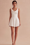 White Cowl Neck A Line Mini Graduation Dress