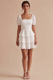 A Line White Tiered Ruffle Square Neck Mini Dress with Puff Sleeves