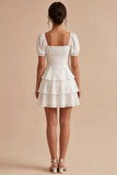 A Line White Tiered Ruffle Square Neck Mini Dress with Puff Sleeves