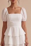 A Line White Tiered Ruffle Square Neck Mini Dress with Puff Sleeves
