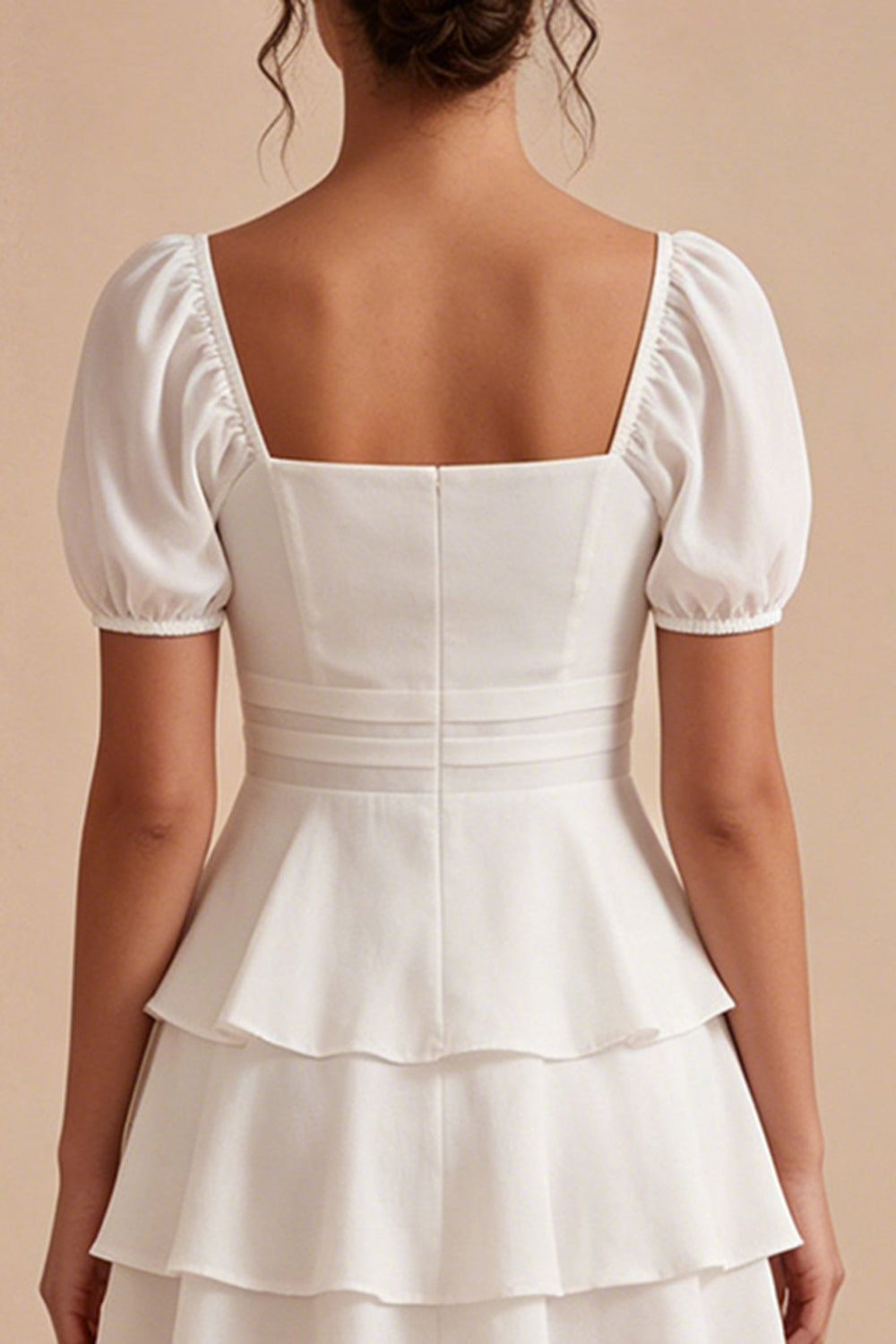 Zapaka Women White A Line Square Neck Mini Dress Tiered Ruffle Graduation Dress with Puff Sleeves, White / US16W