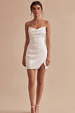 Strapless Bodycon Ruched Little White Dress with Slit