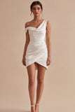 Bodycon Asymmetrical Neck Ruched Little White Dress