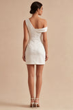 Bodycon Asymmetrical Neck Ruched Little White Dress