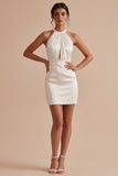 White Halter Bodycon Ruched Keyhole Mini Dress