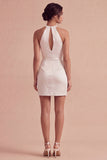 White Halter Bodycon Ruched Keyhole Mini Dress