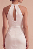 White Halter Bodycon Ruched Keyhole Mini Dress