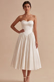 White Sweetheart A Line Corset Satin Midi Dress