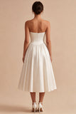 White Sweetheart A Line Corset Satin Midi Dress