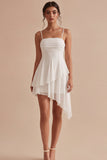 A Line Spaghetti Straps Ruched Ruffled White Mini Dress