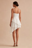 A Line Spaghetti Straps Ruched Ruffled White Mini Dress