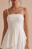 A Line Spaghetti Straps Ruched Ruffled White Mini Dress