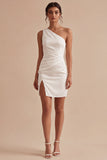 One Shoulder White Bodycon Ruched Mini Graduation Dress with Slit