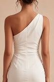 One Shoulder White Bodycon Ruched Mini Graduation Dress with Slit
