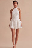 A Line Sequin Halter White Tiered Ruffle Mini Dress