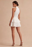 A Line Sequin Halter White Tiered Ruffle Mini Dress