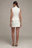 White 2 Piece Notched Lapel Single Breasted Short Business Dress with Belt