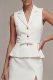 White 2 Piece Notched Lapel Single Breasted Short Business Dress with Belt