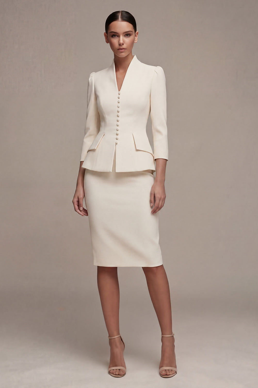 ivory suit dress Ivory 3/4 Sleeves Shawl Lapel 2 Piece Single Breasted Midi Business Dress