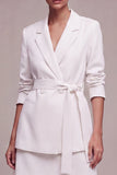 2 Piece White Notched Lapel Double Breasted Short Business Dress with Belt