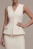 Ivory Single Breasted V-Neck 2 Piece Business Dress